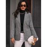 Plaid Print Single Breasted Lapel Blazer, Elegant Patched Pockets Long Sleeve Blazer For Office & Work, Women's Clothing