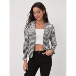 Houndstooth Open Front Blazer, Elegant Long Sleeve Blazer For Office & Work, Women's Clothing