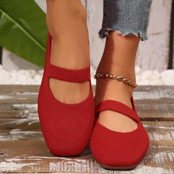 Women's Mary Jane Flats Shoes Square Toe Casual Ballet Flats Comfortable Knit Dress Shoes for Women Work Office