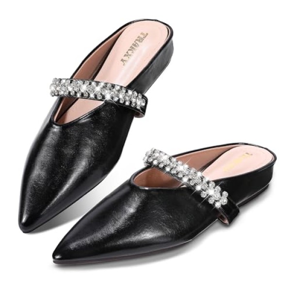 ‌Women's Rhinestone Pointed Toe Mule Flats – 2cm Inner Height Increase, Backless Ballet Slippers for Work, Parties & Shopping