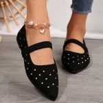 Women's Mary Jane Flats Shoes Pointed Toe Rhinestone Casual Ballet Flats with Ankle Strap Comfortable Suede Dress Shoes for Women Work Office