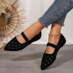 Women's Mary Jane Flats Shoes Pointed Toe Rhinestone Casual Ballet Flats with Ankle Strap Comfortable Suede Dress Shoes for Women Work Office