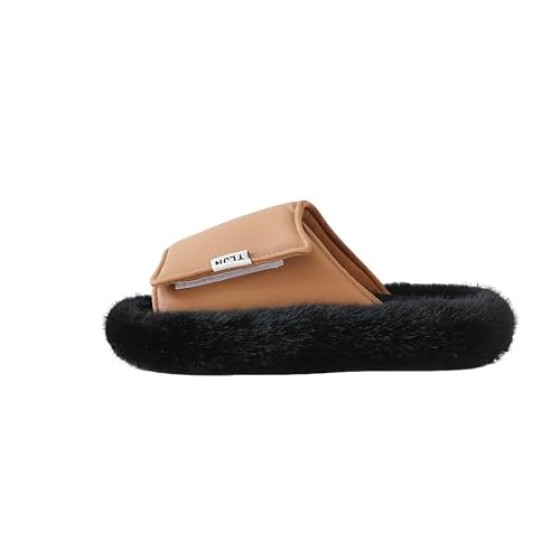 TARYOU Women's Adjustable Fuzzy Slippers with Velcro Strap for Indoor/Outdoor Wear (2 Colors: Tan & Black/All Black)