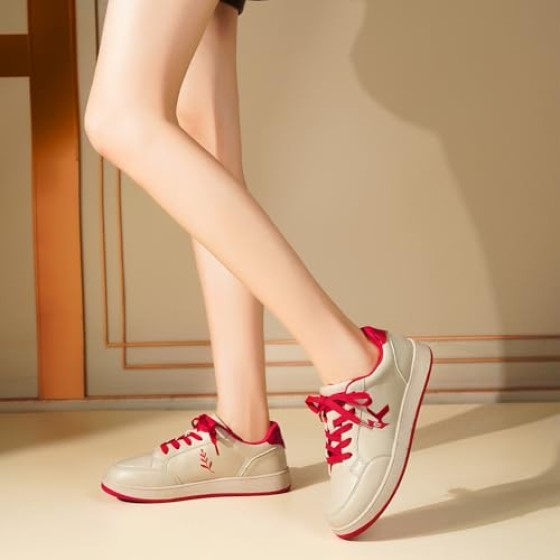 Women's Classic Fashion Sneakers Versatile Casual Walking Shoes Leather Comfort Skate Shoes Lightweight Non-Slip Flat Shoe Lace-up Minimalist Tennis Footwear