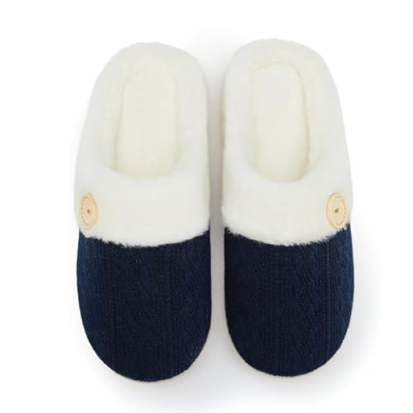 Women Warm Comfy Memory Foam Slippers Knitted Faux Fur Lined Anti Skid Rubber Sole Indoor Outdoor Bedroom Shoes
