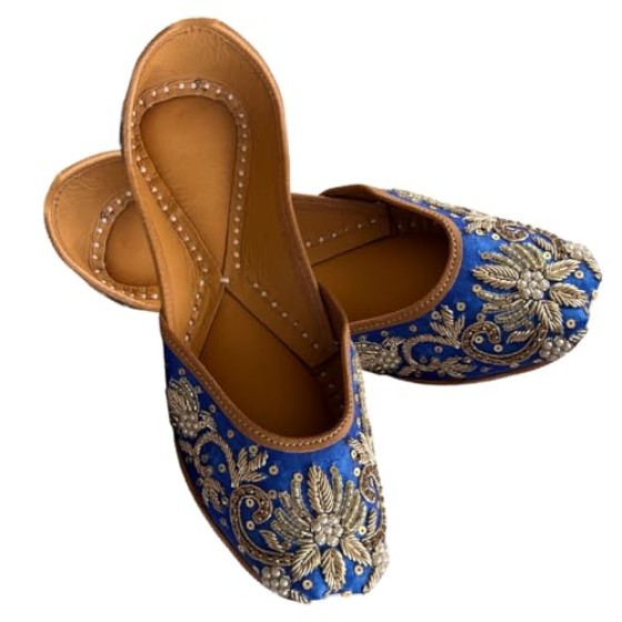 Indian Traditional Flats for Women Dressy Comfortable - Phulkari Khussa, Handmade Punjabi Jutti Ethnic Moajris for Casual & Festive Occasions